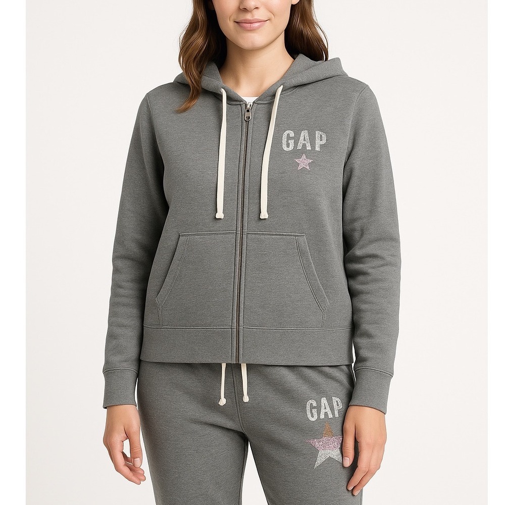 GAP Gray Zip Up Hoodie Sparkle Star Logo XL Vintage Lagenlook Minimalist 97-48